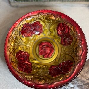 Antique 1910s Goofus Glass Bowl, Imperial Lustre Rose Pattern, Red & Gold Paint.